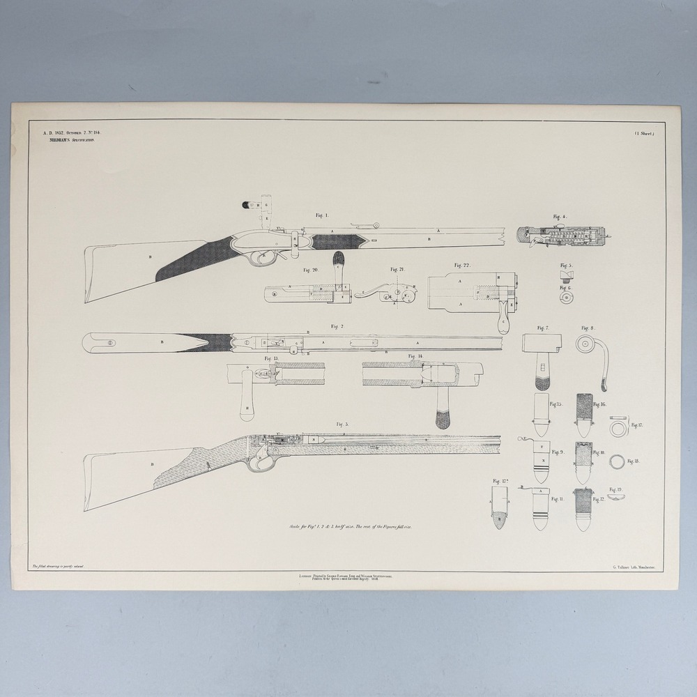 Needham's Specification Gun Patent Antique Lithographic print on Laid Paper 1854